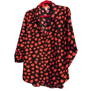 Catch My I Womens XL Black Red Heart Print Button Down Blouse Back Detail Top